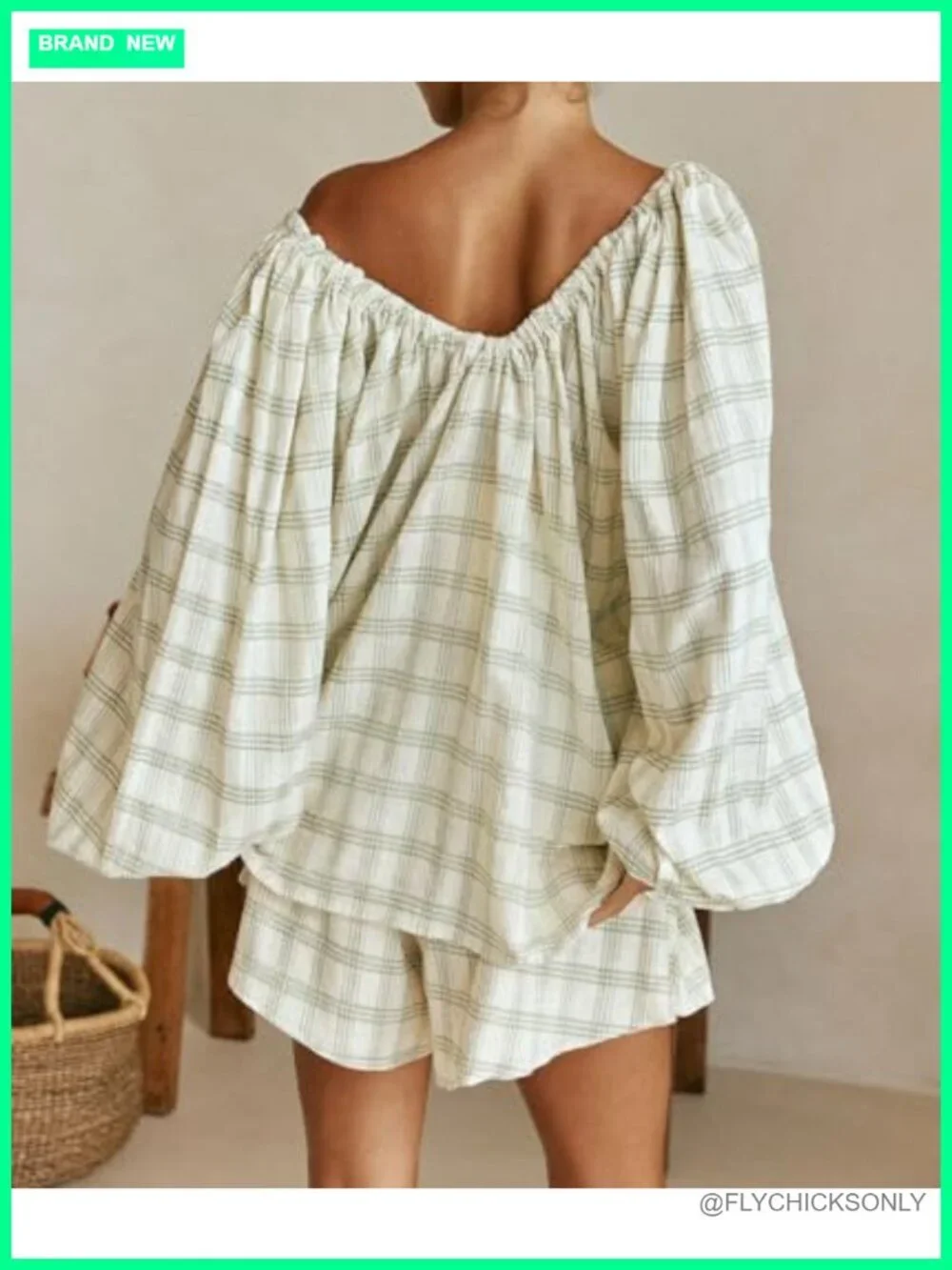 Women Gingham Pajama Set 2 Piece Long Puff Sleeve Babydoll Top Ruffle Plaid